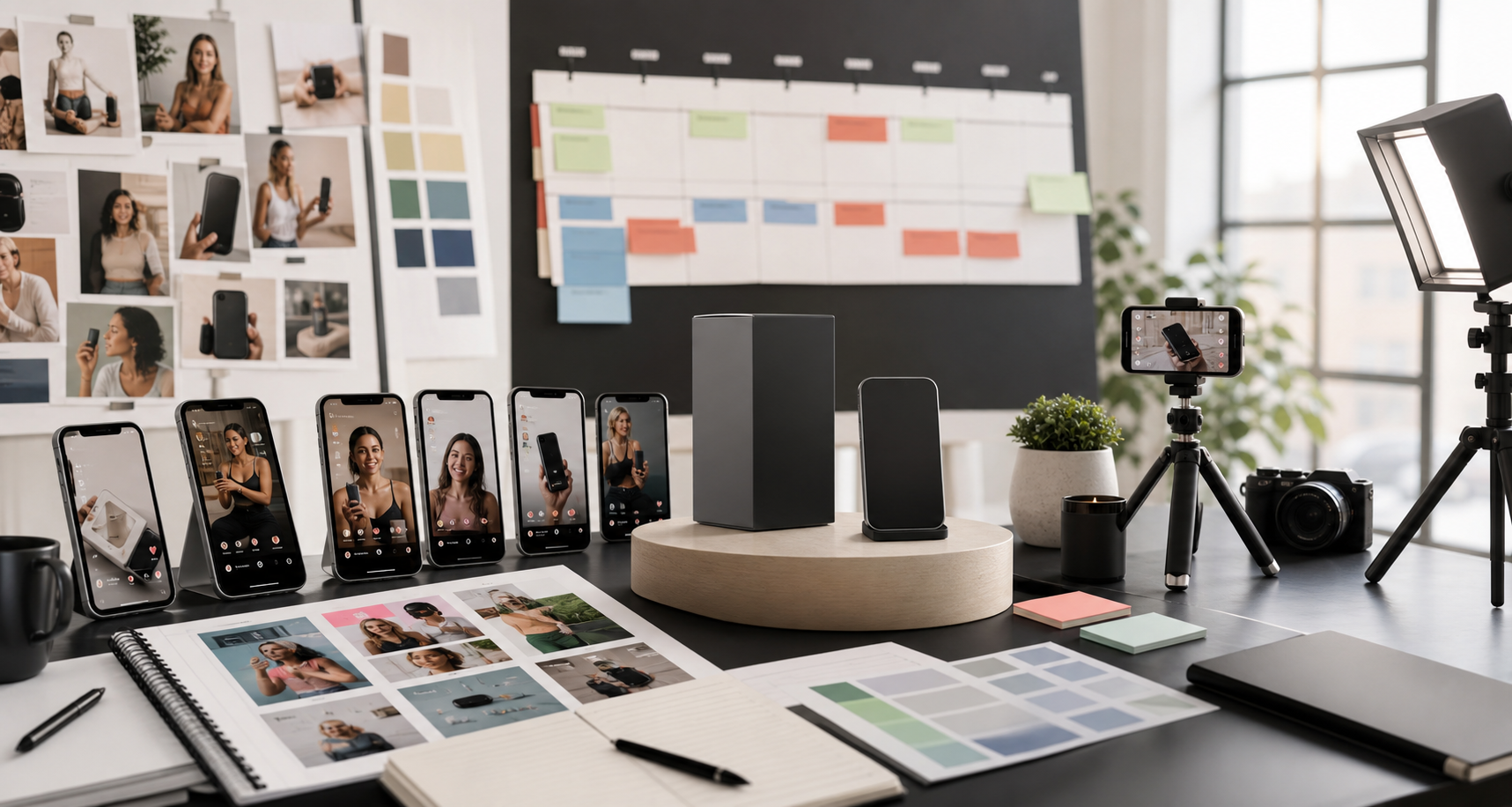 Product launch influencer campaign workspace with creator content frames and launch planning visuals