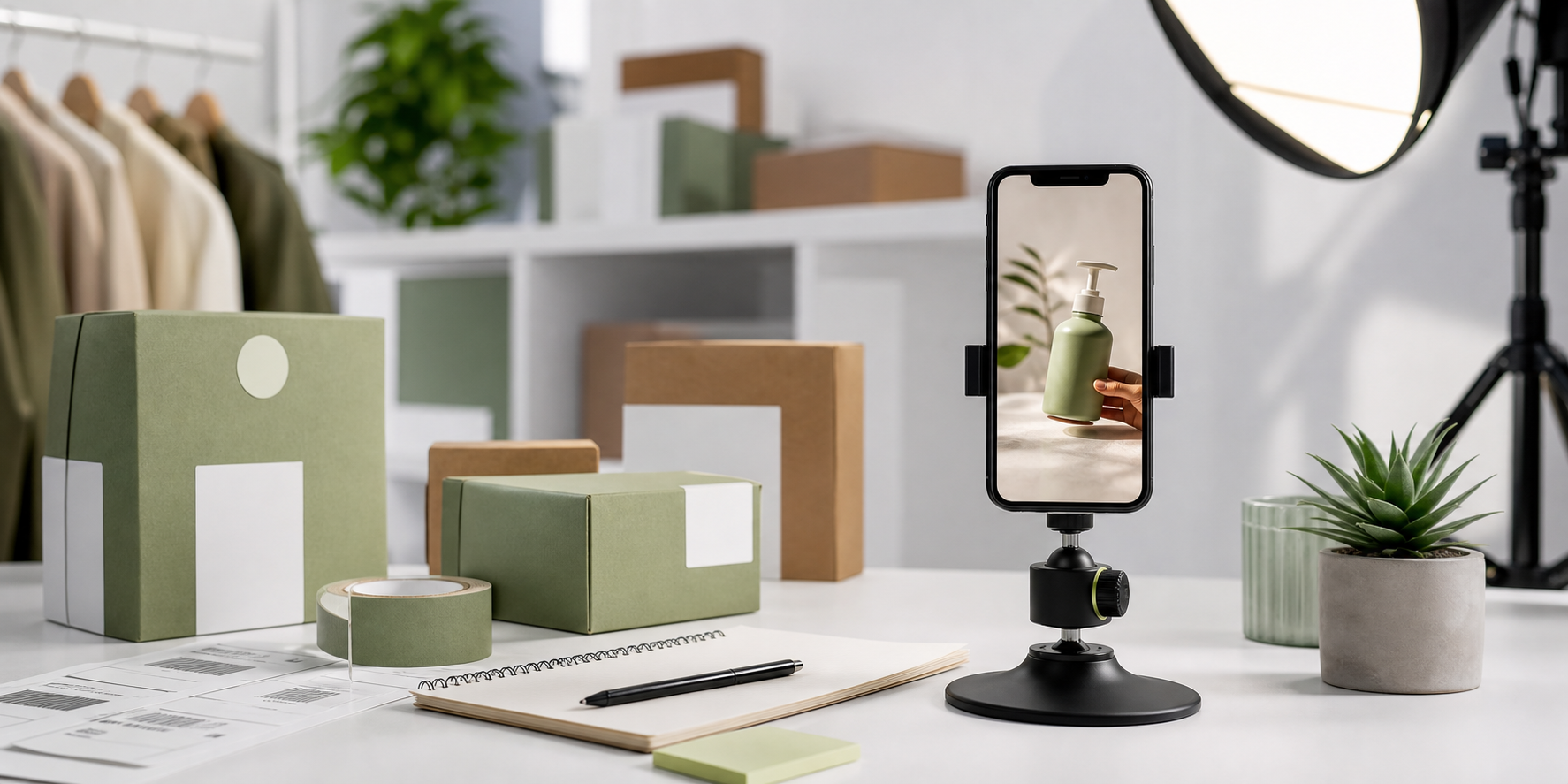 Ecommerce UGC ad creative setup with product packaging and vertical video mockup