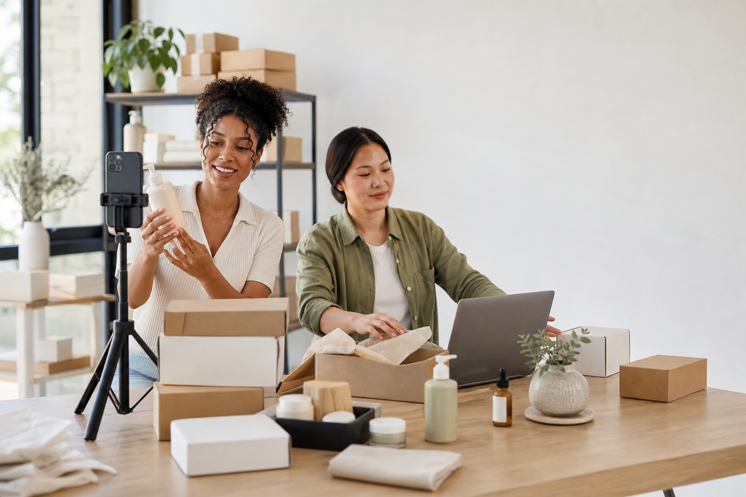 UGC creator filming an ecommerce product while a merchant prepares customer orders