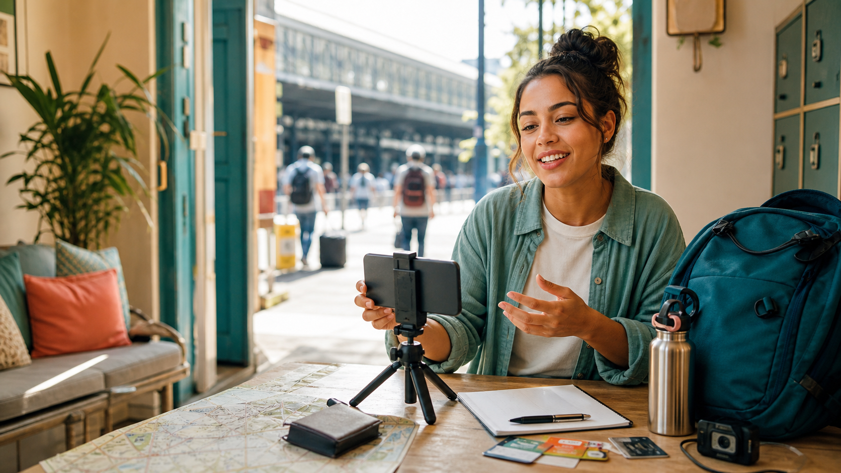 Budget travel YouTube creator filming a vlog with backpack, map, and transit cards